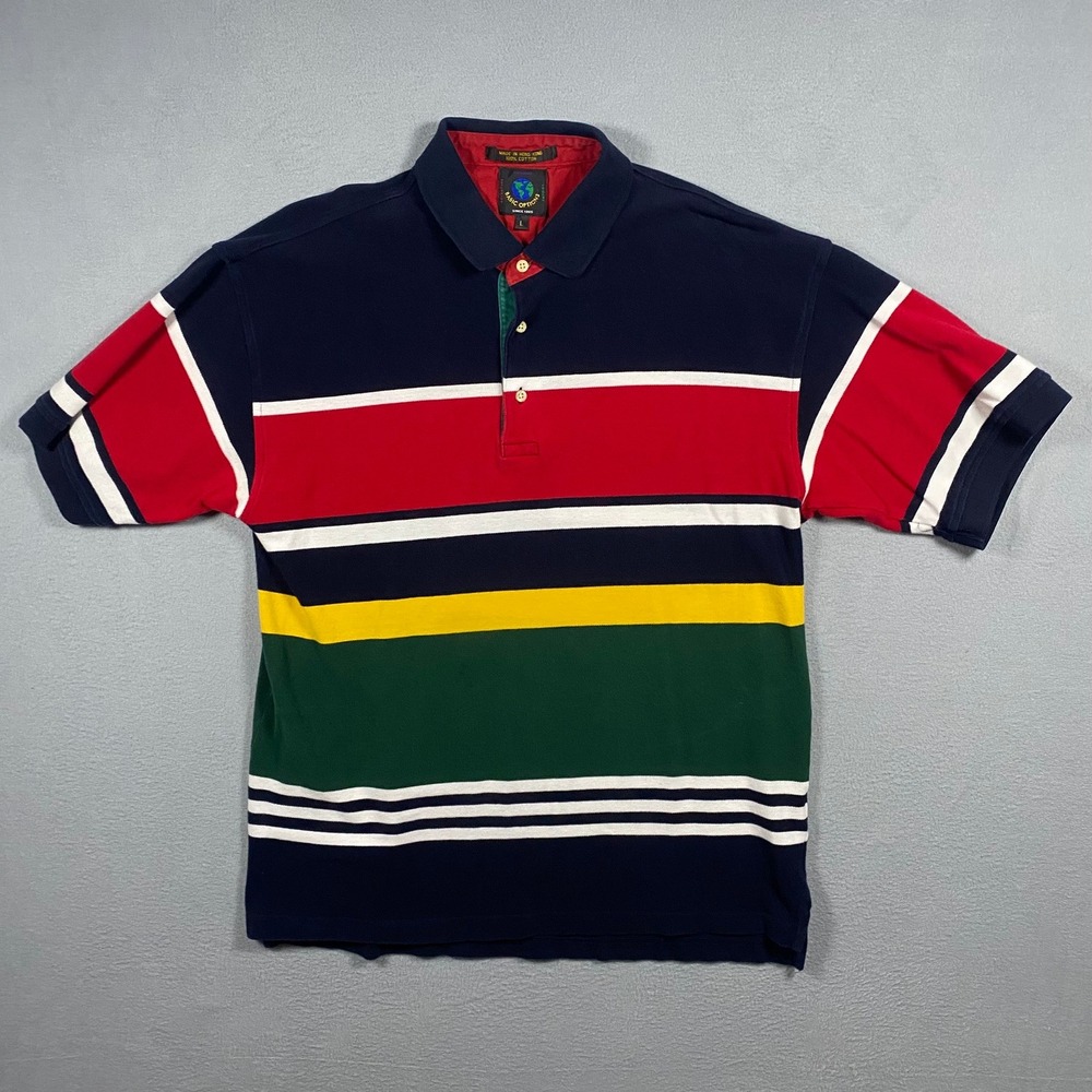 Vintage Basic Options Mens Large Striped Polo Shirt Navy Red Green Yellow Cotton